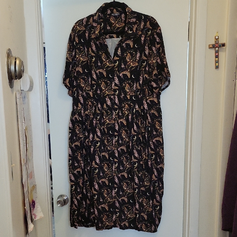 Disturbia Black Midi Dress with Pink and Gold Leaf Print
